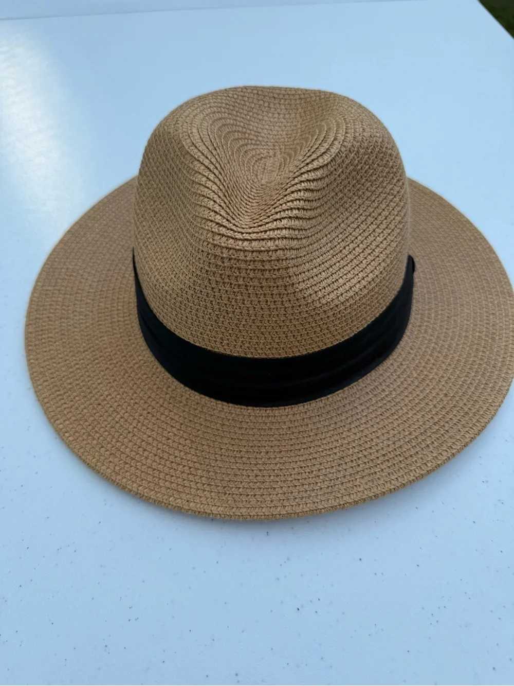 Women’s Tan Straw Fedora Hat with Black Band
